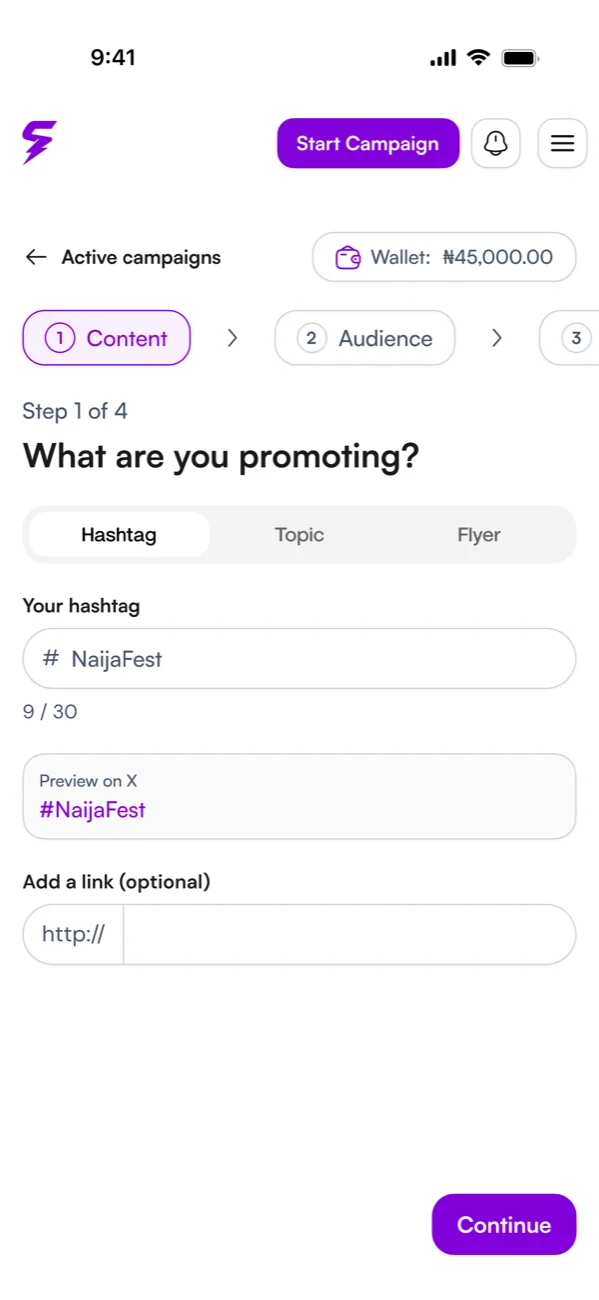 Campaign step 1 of 4: choosing a hashtag to promote