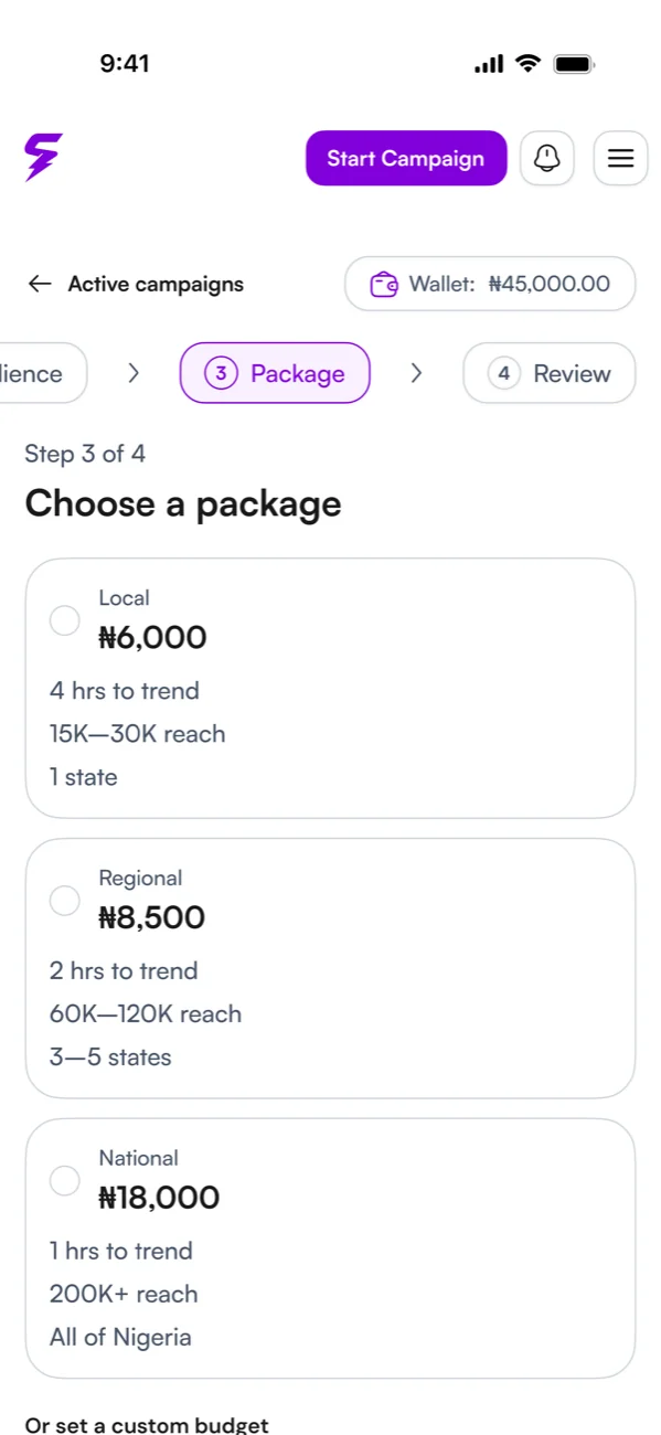 Campaign step 3 of 4: choosing a package
